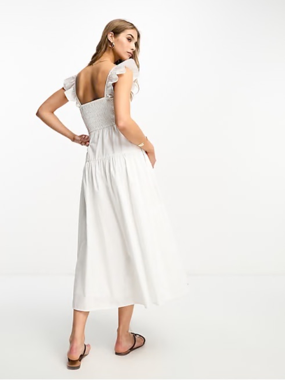 Abercrombie | White Smocked Ruffle Strap Midi Dress - Picture 10 of 10